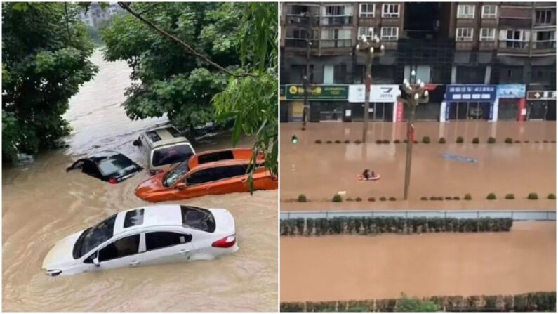 Las fuertes lluvias caen en la ciudad de Bazhong, en la provincia de Sichuan, provocando graves inundaciones en la ciudad y el desbordamiento de los ríos. (Foto en Weibo tomada el 10 de julio de 2021)