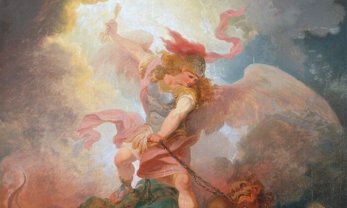 "El ángel atando a Satanás", alrededor de 1797, por Philip James de Loutherbourg. Óleo sobre lienzo, 17.75 por 14.76 pulgadas. Centro de Arte Británico de Yale, Connecticut. (Dominio público)
