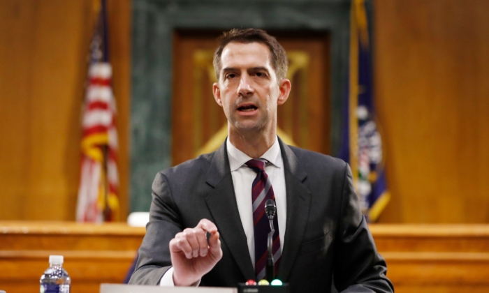 El senador Tom Cotton (R-Ark.) habla durante una audiencia en Washington, el 5 de mayo de 2020. (Andrew Harnik/Pool/AFP a través de Getty Images)