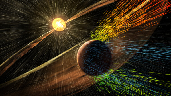 Representación artística de una tormenta solar que golpea Marte y despoja de iones a la atmósfera superior del planeta. (NASA)