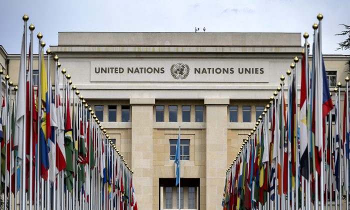 Unas banderas en el jardín delantero del "Palais des Nations", que alberga la Oficina de las Naciones Unidas en Ginebra, el 15 de septiembre de 2015. (Fabrice Coffrini/AFP/Getty Images)