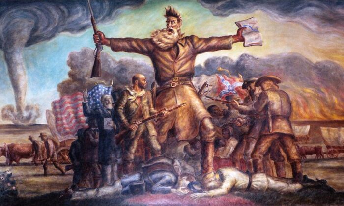"Preludio trágico" es un mural de 31 pies por 11 pies por 6 pulgadas realizado por John Steuart Curry, en 1937, para el Capitolio del Estado de Kansas en Topeka, Kansas. "Quería pintarlo como un fanático, porque John Brown era un fanático. Tenía el celo salvaje del extremista, el fanático por su causa y nosotros tuvimos la Guerra Civil, con su incomparable miseria", dijo Curry en una entrevista con un periódico en 1939. (Dominio público)