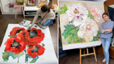 Artista pinta enormes flores en acuarela que cautivan al espectador