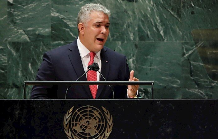 El presidente de Colombia, Iván Duque, habla ante la Asamblea General de la ONU, este 21 de septiembre de 2021, en Nueva York. (EFE/Eduardo Muñoz/Pool)