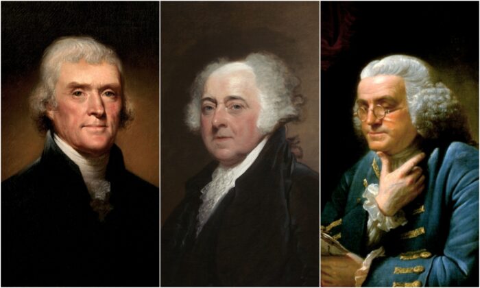 (De izquierda a derecha) Thomas Jefferson aconsejaba hacer no menos de dos horas de ejercicio al día, independientemente del clima. John Adams opinaba: "Las mentes viejas son como los caballos viejos; hay que ejercitarlas si se las quiere mantener en funcionamiento". Benjamin Franklin caminó y levantó pesas hasta su vejez. (Dominio público)