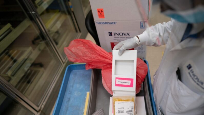 Un técnico de laboratorio congela el plasma de convaleciente donado por los pacientes recuperados de COVID-19 para su envío a los hospitales locales en Inova Blood Services en Dulles, Virginia, el 22 de abril de 2020. (Alex Edelman/AFP vía Getty Images)