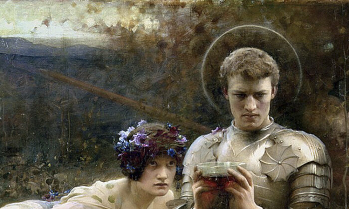 "La tentación de Sir Percival", 1894, de Arthur Hacker. Óleo sobre lienzo, 52 por 62 pulgadas. Galería de Arte de Leeds, Inglaterra. (PD-US)