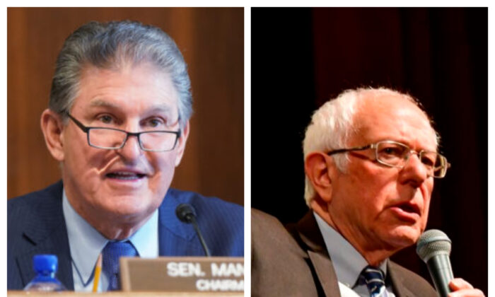 El senador Joe Manchin, (D-W.Va.) y el senador Bernie Sanders (I-Vt.) en fotos de archivo. (Leigh Vogel-Pool/Getty Images; Tim Vizer/AFP a través de Getty Images)