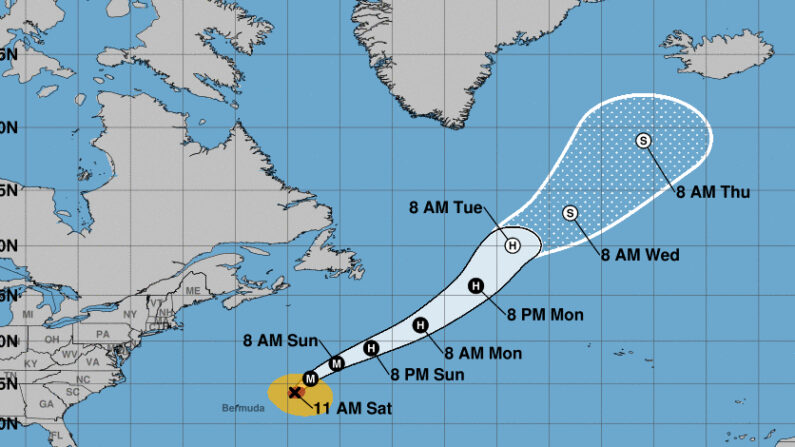 Imagen cedida el 2 de octubre de 2021 por la Oficina Nacional de Administración Oceánica y Atmosférica de Estados Unidos (NOAA), a través del Centro Nacional de Huracanes (NHC), en la que se registró la localización del huracán Sam en el Atlántico, a las 11.00 hora local (15.00 GMT). NOAA-NHC