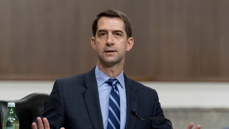 El senador Tom Cotton (R-Ark.) habla durante una audiencia para examinar el Comando de Operaciones Especiales de los Estados Unidos y el Comando Cibernético de los Estados Unidos en la revisión de la Solicitud de Autorización de Defensa para el año fiscal 2022 y el Programa de Defensa de los Años Futuros, en el Capitolio en Washington, el 25 de marzo de 2021. (Andrew Harnik-Pool/Getty Images)