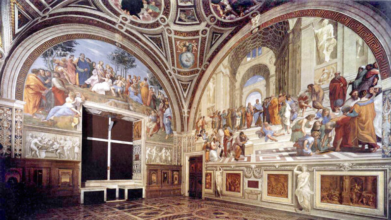 Vista de la Stanza della Segnatura, la sala del trono del Papa Julio II, con frescos de Rafael. (Dominio público)

