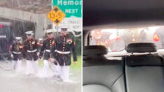Mujer en Mini Cooper atascado en inundación filma a un grupo marines sacando su auto del agua