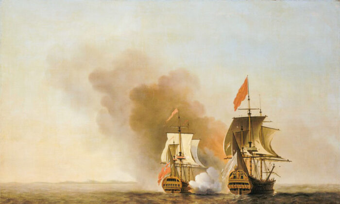 Una pintura de Samuel Scott de una batalla durante la Guerra de la Oreja de Jenkins, que representa la captura del barco español Nuestra Señora de Cavadonga por el barco británico Centurion en junio de 1743. (PD-US)