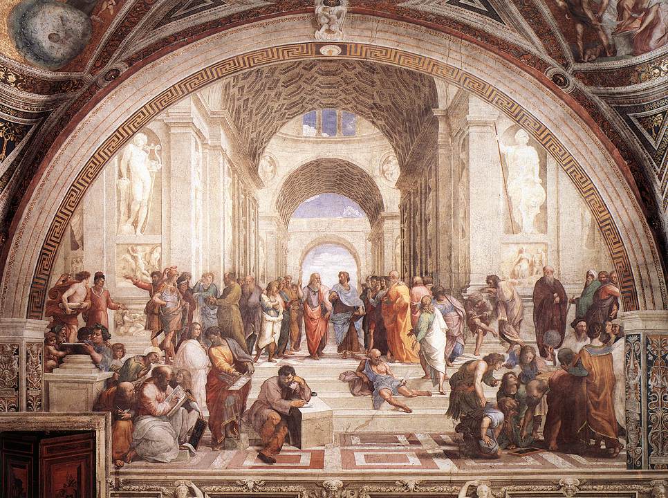 "La Escuela de Atenas". Fresco, 1509. Stanza della Segnatura, Palazzi Pontifici. Vaticano, Santa Sede, Estado de la Ciudad del Vaticano. (Dominio público)