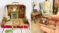Artista crea diminutas habitaciones antiguas meticulosamente detalladas dentro de adorables maletas