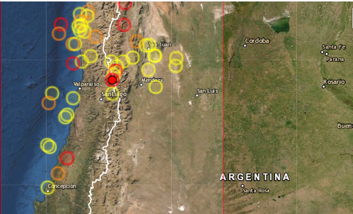 Un sismo de magnitud 5.8 en la escala de Richter sacudió este miércoles 3 de noviembre de 2021 la provincia argentina de Mendoza (oeste, frontera con Chile), sin que hasta el momento se hayan reportado víctimas o daños materiales, informaron fuentes oficiales. (Captura de pantalla/EMSC)