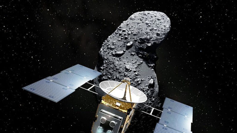 Esta imagen imaginaria, ilustrada por Akihiro Ikeshita y difundida por la Agencia de Exploración Aeroespacial de Japón (JAXA), muestra la sonda espacial japonesa "Hayabusa" (Falcon) y un asteroide, llamado Itokawa en el espacio. (Akihiro Ikeshita/AFP vía Getty Images)