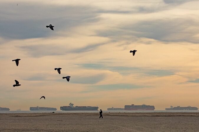 Los barcos se alinean en el horizonte vistos desde Seal Beach, California, mientras esperan llegar a tierra al Puerto de Los Ángeles, el 12 de enero de 2021. (John Fredricks/The Epoch Times)