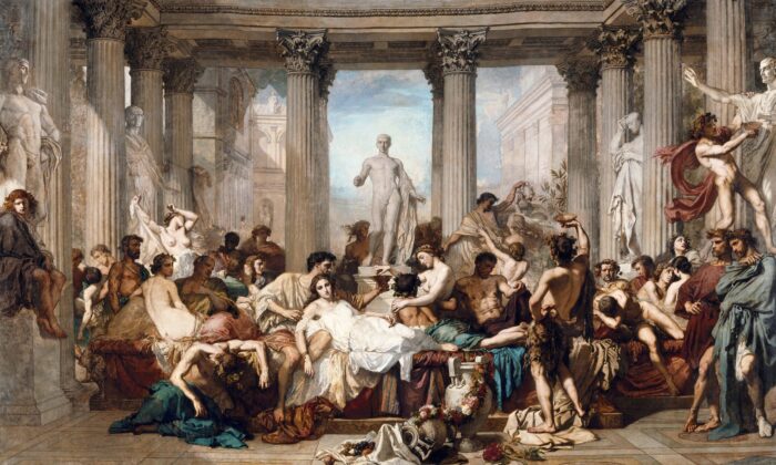 "Romanos de la decadencia", 1847, de Thomas Couture. Óleo sobre lienzo; 185.8 pulgadas por 303.9 pulgadas. Museo de Orsay, Francia. (Dominio público)