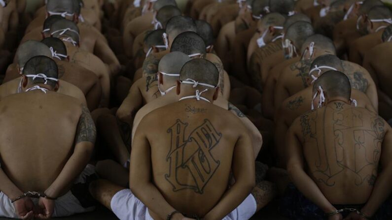 Fotografía de archivo de pandilleros de Mara Salvatrucha y Barrio 18 en formación, en el centro penal de máxima seguridad en Izalco (El Salvador). EFE/ Rodrigo Sura