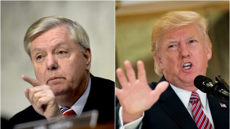 (De izquierda a derecha) El senador Lindsey Graham (R-S.C.) y el expresidente Donald Trump. (Brendan Smialowski/AFP/Getty Images y Drew Angerer/Getty Images) 