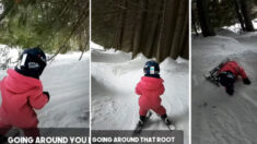 Padre enseña a su hija de 3 años a esquiar, ¡ahora es una “pequeña ripper” en las montañas!