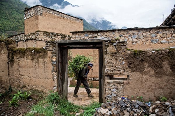 Un aldeano que lleva comida para su ganado pasa por casas devastadas en la antigua aldea de Luobozhai (Radish Village), que resultó dañada durante el terremoto de Sichuan de 2008, en el condado de Wenchuan, provincia de Sichuan, el 23 de abril de 2018. (Johannes Eisele/AFP a través de Getty Images)