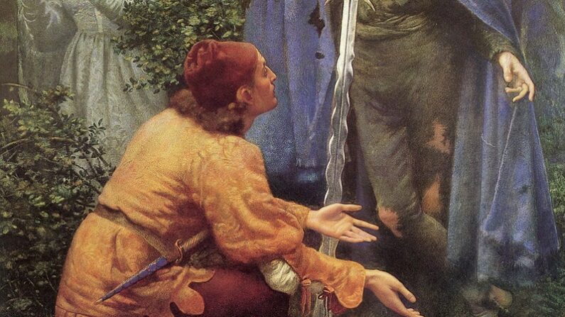 Bertuccio ofrece su riqueza para salvar una vida. "La novia de Bertuccio", 1895, de Edward Robert Hughes. Acuarela y gouache sobre papel blanco, 39.5 por 30 pulgadas. (Dominio público)