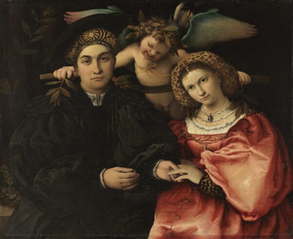 "Marsilio Cassotti y su esposa Faustina", 1523, de Lorenzo Lotto. Óleo sobre lienzo; 28 pulgadas por 33 1/8 pulgadas. Museo del Prado, Madrid, España. (Museo del Prado)