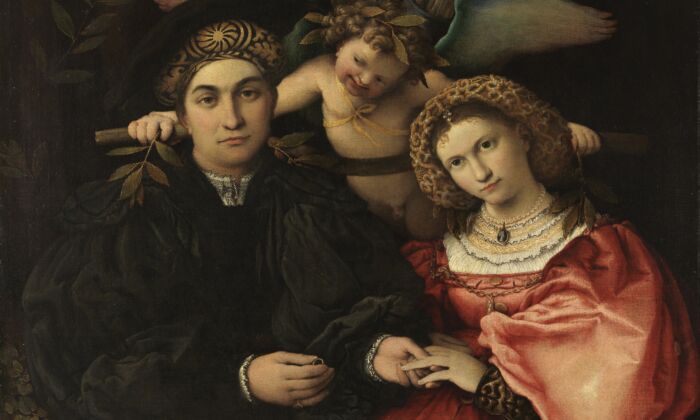 Detalle del cuadro "Marsilio Cassotti y su esposa Faustina", 1523, de Lorenzo Lotto. Óleo sobre lienzo; 28 pulgadas por 33 1/8 pulgadas. Museo del Prado, Madrid, España. (Museo del Prado)
