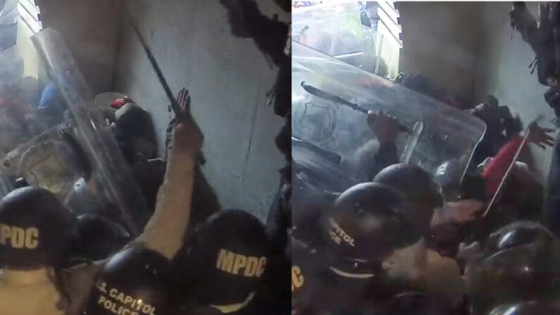 Un hombre que se cree que es un supervisor de la policía golpea repetidamente a Victoria White con una porra. (Captura de pantalla/Joseph McBride)