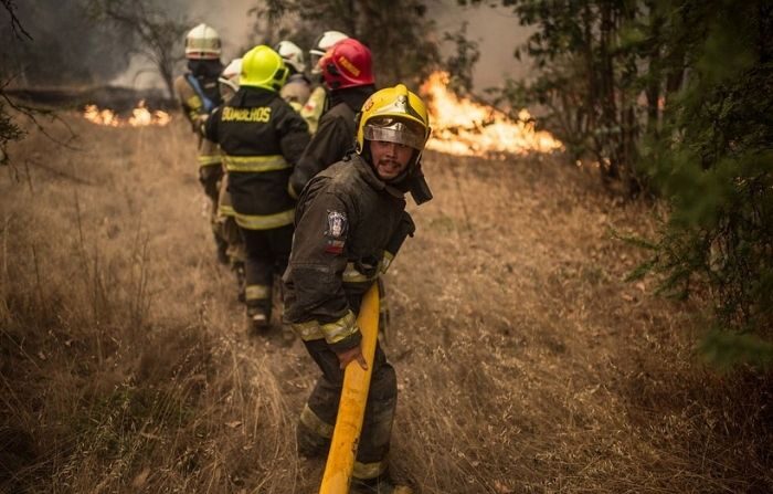Los bomberos trabajan para apagar un incendio en Pumanque, a 140 km al sur de Santiago el 21 de enero de 2017. (MARTIN BERNETTI/AFP vía Getty Images)