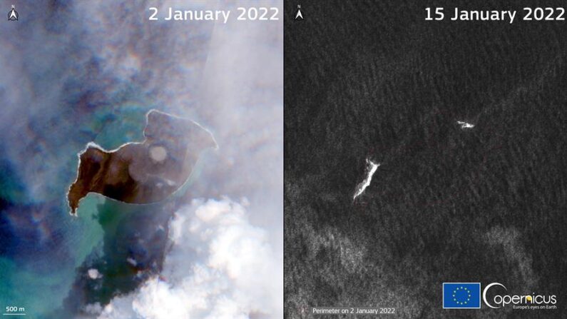 Composición de dos imágenes de satélite, facilitadas por el programa de observación Copérnico, del volcán Tonga. La de la izquierda, fechada el 2 de enero, antes de la erupción y la de la derecha, el 15 de enero, después de registrar actividad. EFE/EPA/EUROPEAN UNION, COPERNICUS SENTINEL
