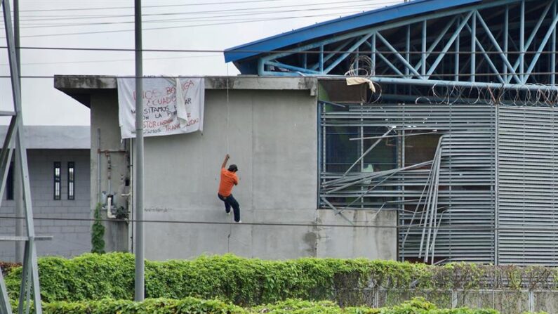 Fotografía de archivo, tomada el pasado 25 de febrero de 2022, en la que se registró a un preso al descender por una pared, durante un motín, en una cárcel de Guayaquil (Ecuador). EFE/Marcos Pin