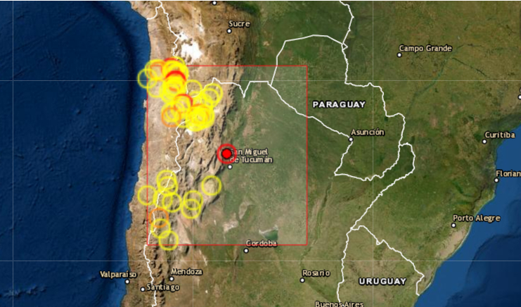 Un terremoto de magnitud 5.6 en la escala de Richter sacudió este lunes 10 de enero de 2022 la provincia argentina de Tucumán, en el centro-norte del país, que luego sufrió una réplica de magnitud 3.1, sin que hasta el momento se hayan reportado víctimas o daños materiales. (Captura de pantalla/EMSC)