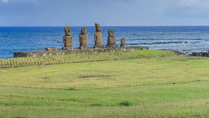 Vista de los moais -estatuas de piedra de la cultura Rapa Nui- en la Isla de Pascua, a 3.700 km de la costa chilena en el Océano Pacífico, el 31 de marzo de 2020. (MIGUEL CARRASCO/AFP vía Getty Images)

