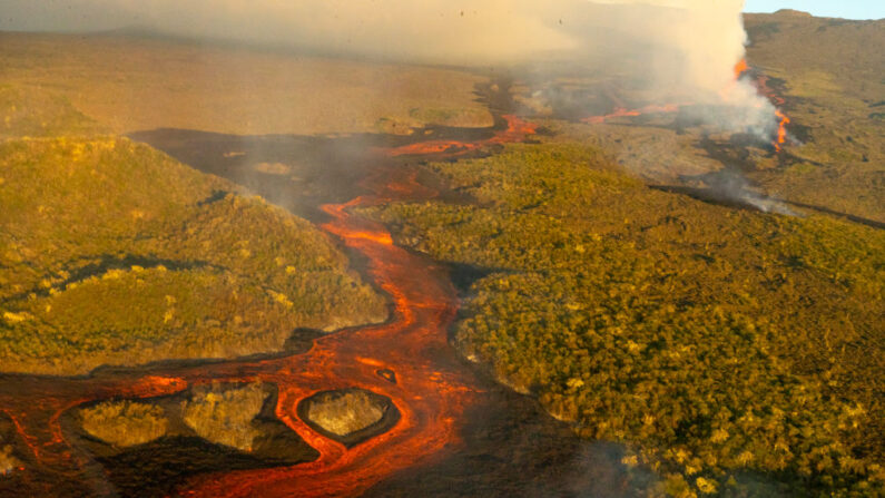 Vista aérea mientras la lava fluye hacia abajo después de la erupción del volcán Wolf el 7 de enero de 2022 en las Islas Galápagos, Ecuador. (Wilson Cabrera/Parque Nacional Galápagos vía Getty Images)