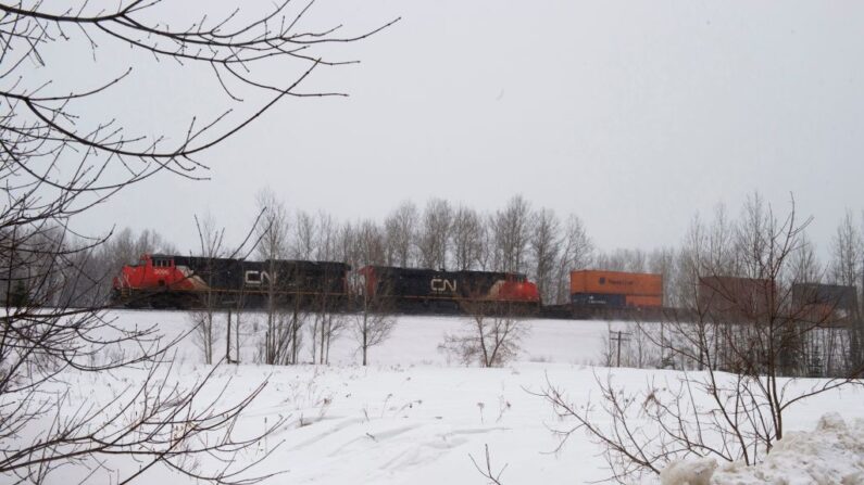Ferrocarril canadiense pasa a lo largo de la frontera entre Estados Unidos y Canadá el 2 de marzo de 2017, en la ciudad fronteriza de Pohenegamook, Quebec. (DON EMMERT/AFP via Getty Images)
