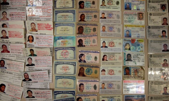 La Patrulla Fronteriza de EE. UU. muestra tarjetas de identificación falsas, incluidas tarjetas de seguridad social y licencias de conducir falsas que han confiscado en una foto de archivo. (Foto de Chip Somodevilla/Getty Images)