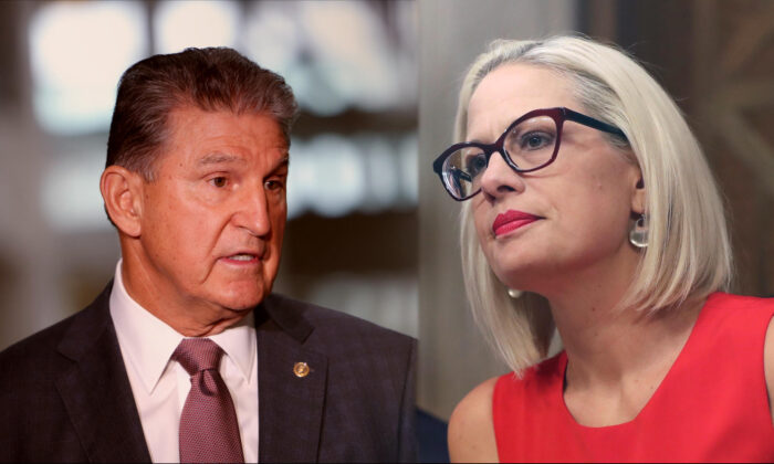 Los senadores Joe Manchin (D-W. Va.) y Kyrsten Sinema (D-Ariz.) se aprecian en Washington en fotografías de archivo. (Getty Images)