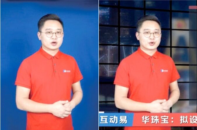 (D) Una imagen de pantalla del presentador de noticias de la vida real en el programa "N Xiaohei Finance" (I) El gemelo virtual de N Xiaohei renderizado por la IA en un fondo azul. (Imagen compuesta del Epoch Times)
