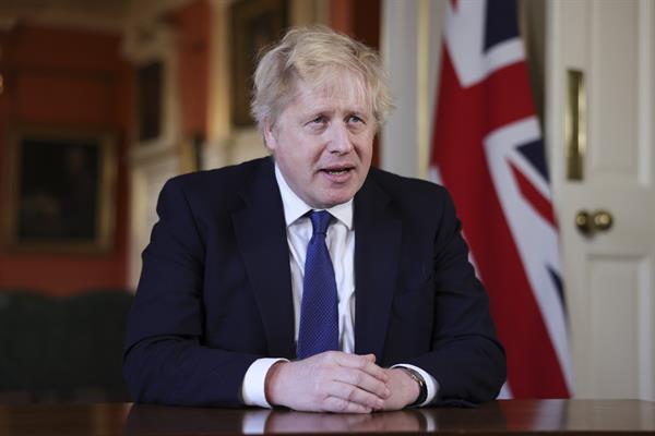 Imagen facilitada por el servicio de prensa del Gobierno británico, de la declaración del primer ministro Boris Johnson sobre el ataque ruso a Ucrania. EFE/EPA/SIMON DAWSON / NO10 DOWING STREET