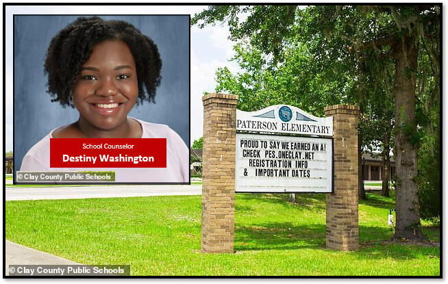 Imagen compuesta del letrero de la escuela primaria Paterson, en el condado de Clay, Florida, y  una foto de la consejera escolar, Destiny Washington. (Escuelas públicas del condado de Clay)
