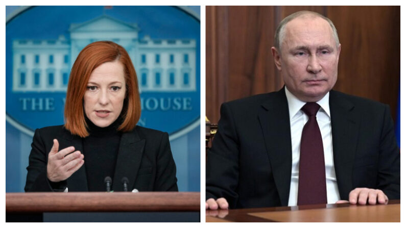 (I) La secretaria de prensa de la Casa Blanca, Jen Psaki, habla durante la rueda de prensa diaria en la Casa Blanca el 25 de febrero de 2022. (Drew Angerer/Getty Images) (D) El presidente ruso Vladimir Putin habla durante su discurso a la nación desde el Kremlin, en Moscú, el 21 de febrero de 2022. (Alexey Nikolsky/Sputnik/AFP vía Getty Images) 