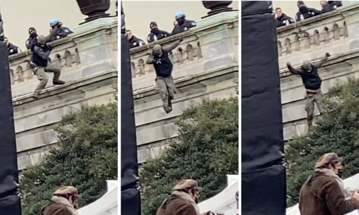 Derrick Vargo cae unos 20 pies después de ser supuestamente empujado desde un rellano que conduce a la terraza superior oeste del Capitolio de EE.UU., el 6 de enero de 2021. (Video Stills/ParlerVideos)
