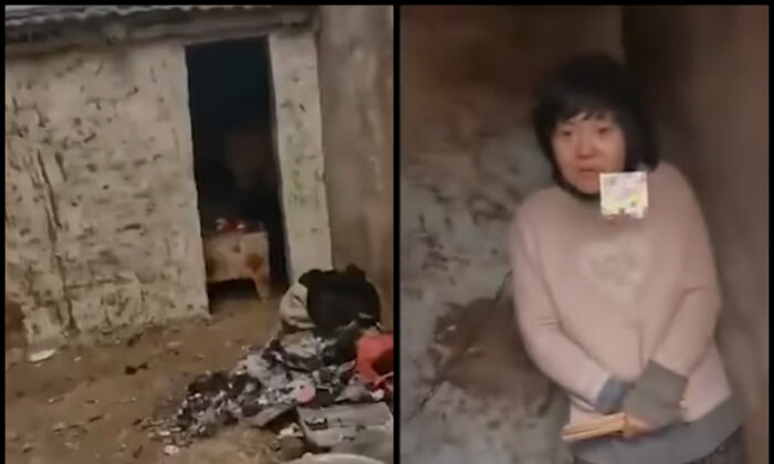 Captura de pantalla de vídeo de una madre de ocho hijos (D) encadenada en una cabaña de la aldea en la ciudad de Xuzhou, Jiangsu, China, en enero de 2022. (Capturas de pantalla vía Douyin)