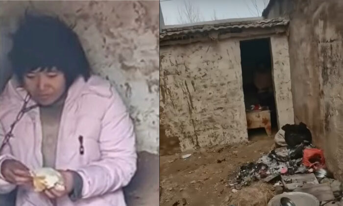 Captura de pantalla de video de una madre de ocho hijos (izquierda) encadenada en una choza rural en la ciudad de Xuzhou, Jiangsu, China, en enero de 2022. (Capturas de pantalla a través de Douyin)