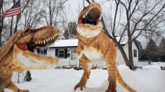 Hombre construye enorme dinosaurio de nieve en su jardín, y su vecinos no pueden creer lo que ven