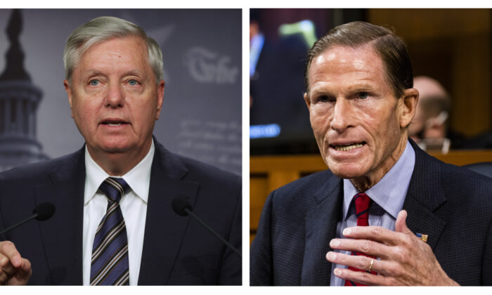 El senador Lindsey Graham (R-SC) y el senador Richard Blumenthal (D-CT) en una imagen compuesta. (Alex Wong/Samuel Corum/Getty Images)