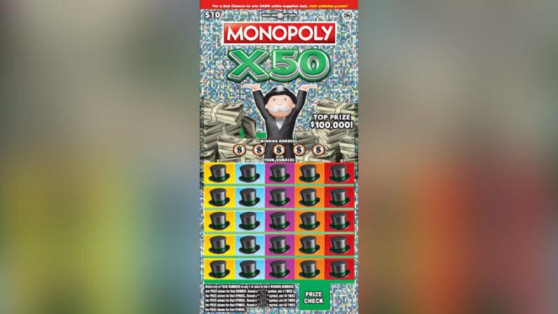 Foto de archivo de un billete de lotería Monopoly X50. (Cortesía de la Lotería de Maryland)